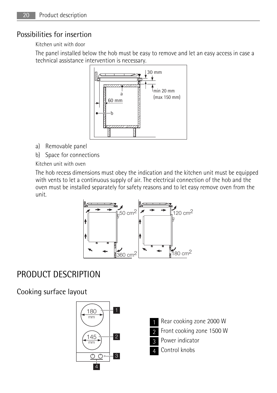 Product description, Possibilities for insertion, Cooking surface layout | AEG HE604000H User Manual | Page 20 / 52