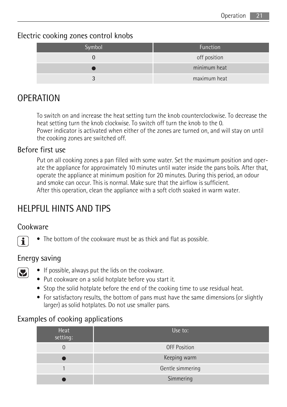 Operation, Helpful hints and tips, Electric cooking zones control knobs | Before first use, Cookware, Energy saving, Examples of cooking applications | AEG HE604000H User Manual | Page 21 / 52