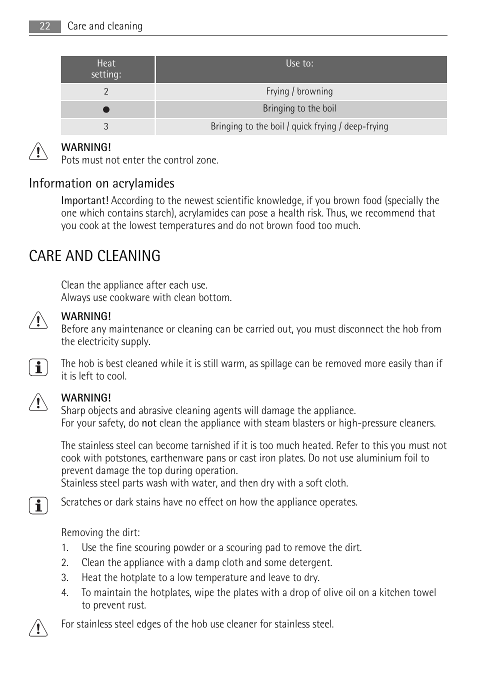 Care and cleaning, Information on acrylamides | AEG HE604000H User Manual | Page 22 / 52