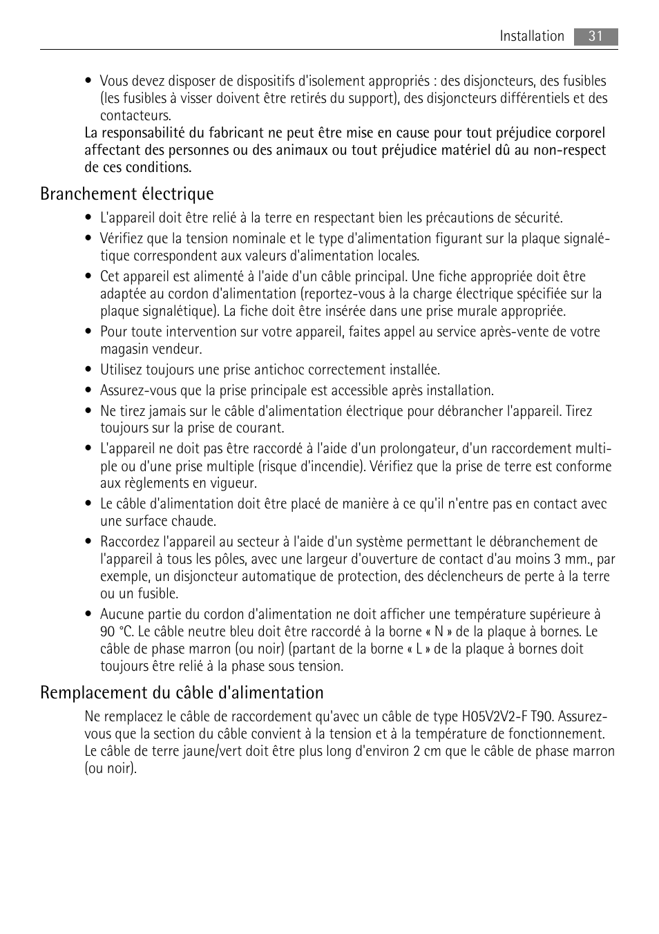 Branchement électrique, Remplacement du câble d'alimentation | AEG HE604000H User Manual | Page 31 / 52