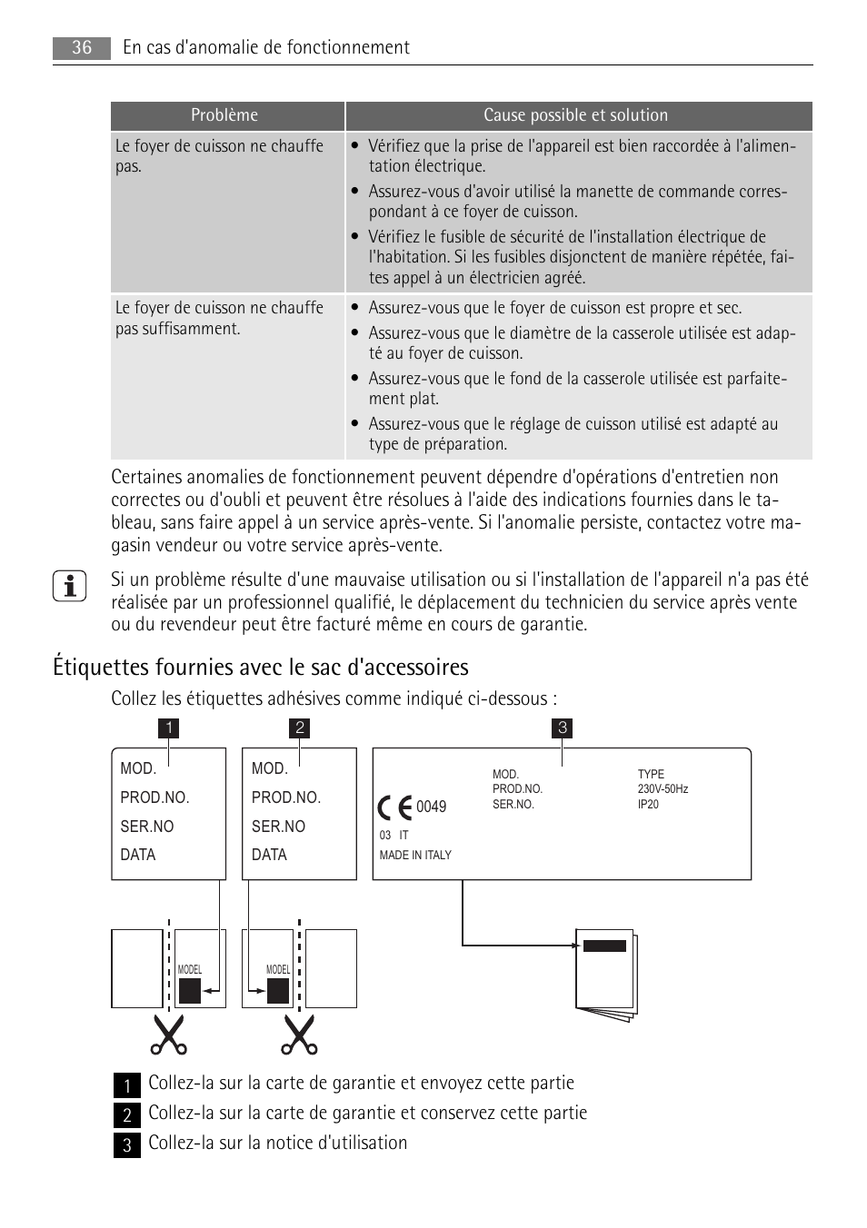 Étiquettes fournies avec le sac d'accessoires | AEG HE604000H User Manual | Page 36 / 52