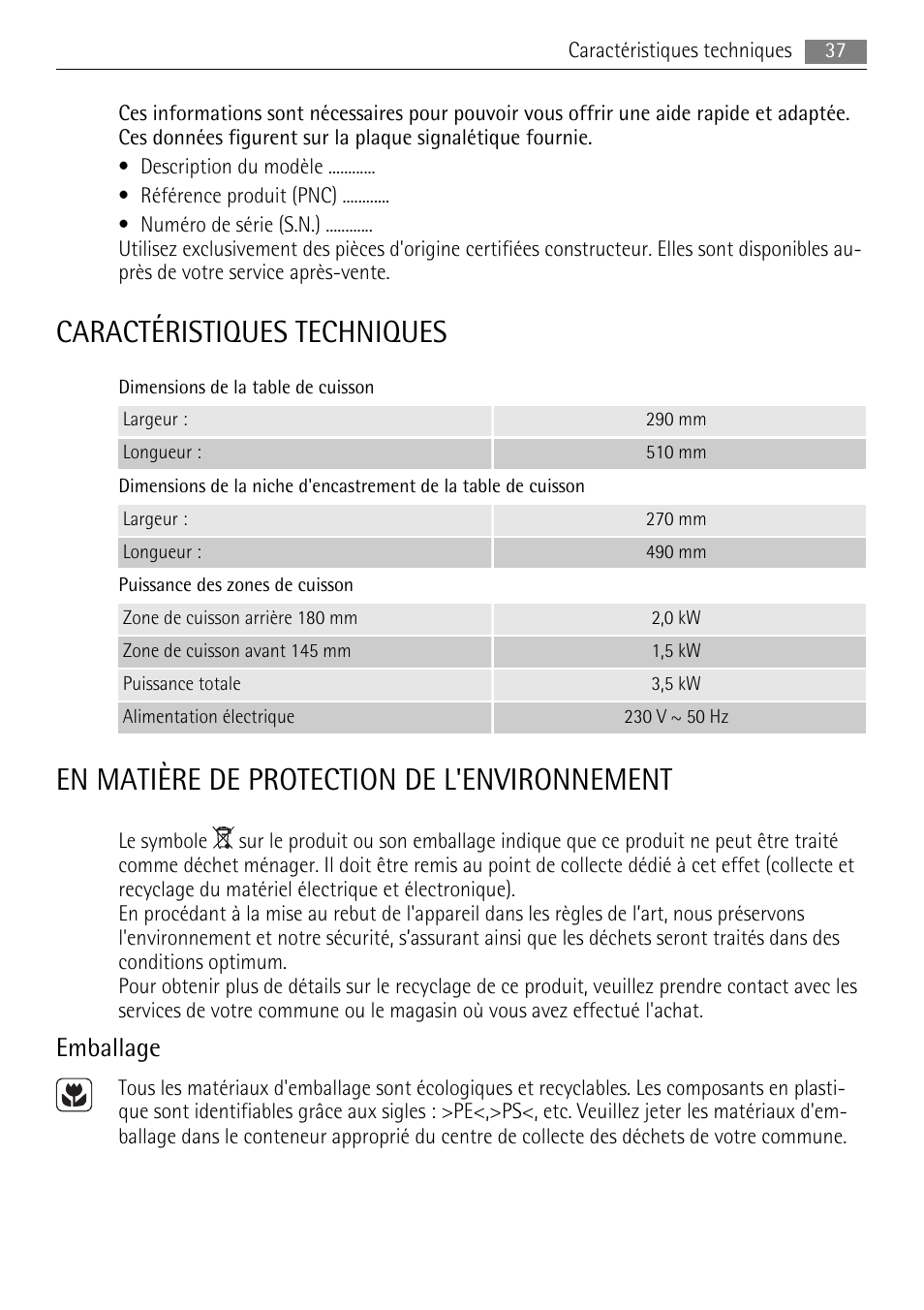 Caractéristiques techniques, En matière de protection de l'environnement, Emballage | AEG HE604000H User Manual | Page 37 / 52