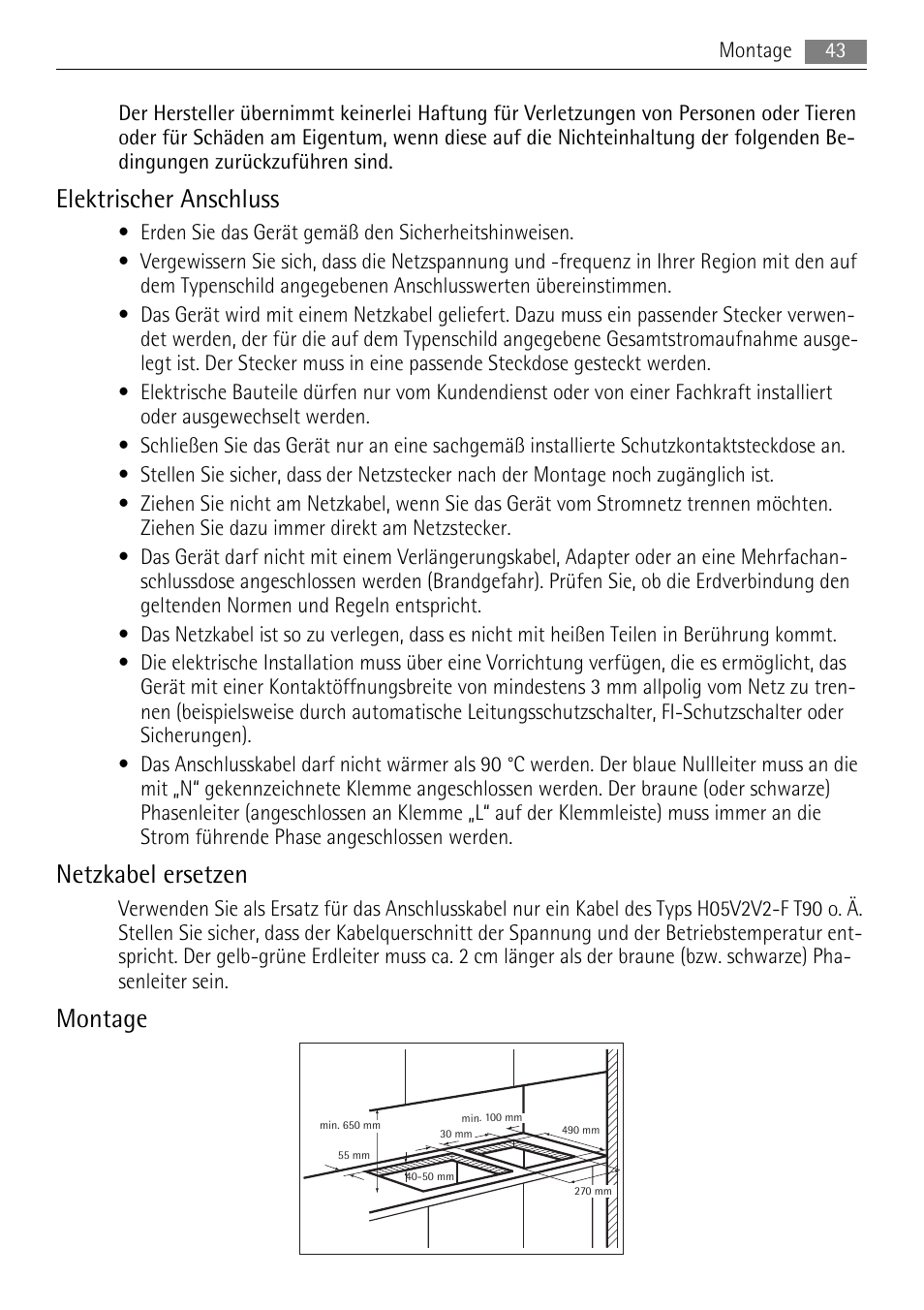 Elektrischer anschluss, Netzkabel ersetzen, Montage | AEG HE604000H User Manual | Page 43 / 52