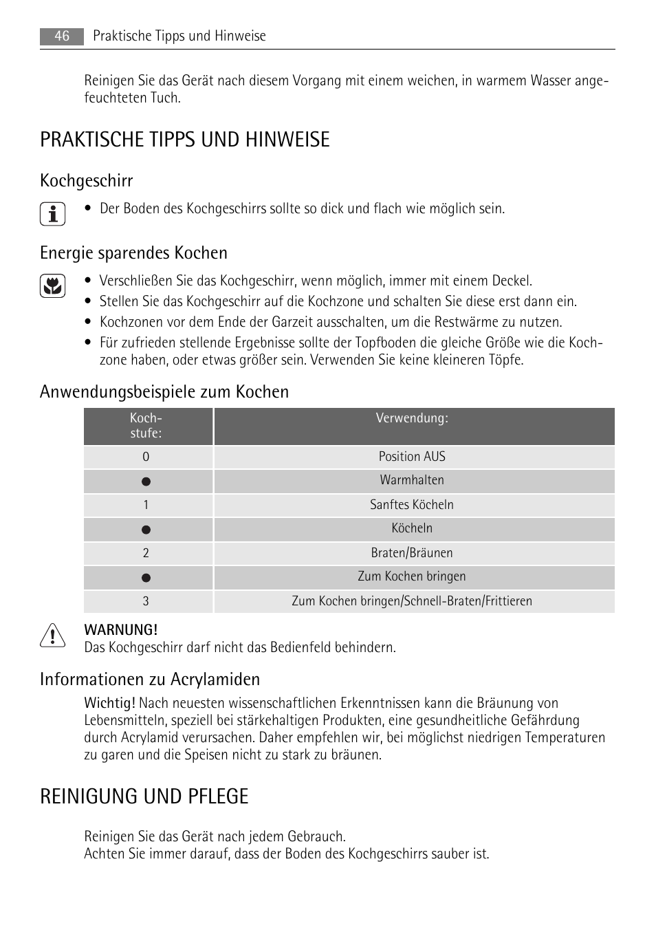 Praktische tipps und hinweise, Reinigung und pflege, Kochgeschirr | Energie sparendes kochen, Anwendungsbeispiele zum kochen, Informationen zu acrylamiden | AEG HE604000H User Manual | Page 46 / 52