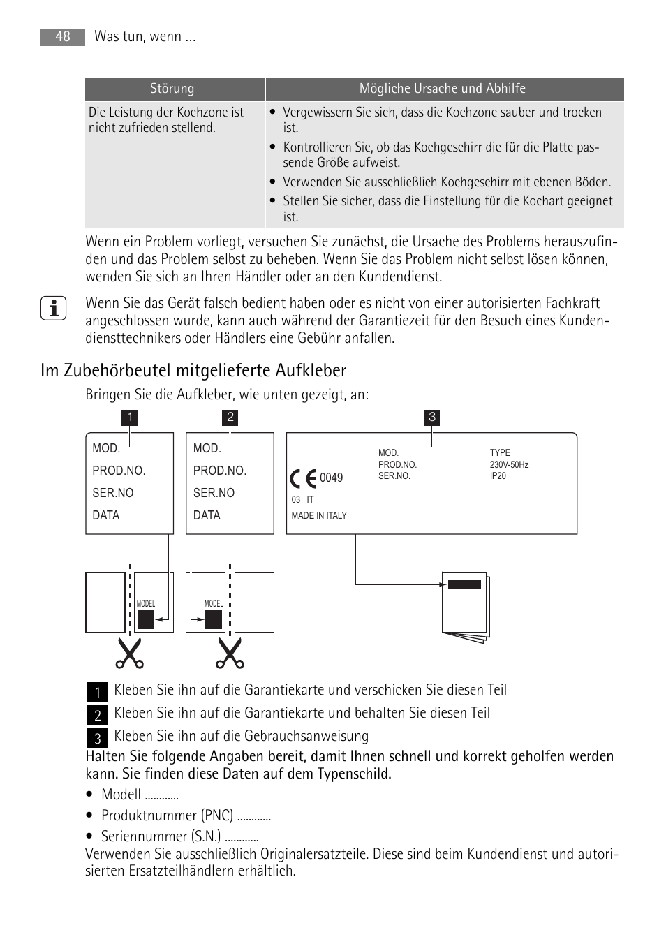 Im zubehörbeutel mitgelieferte aufkleber | AEG HE604000H User Manual | Page 48 / 52