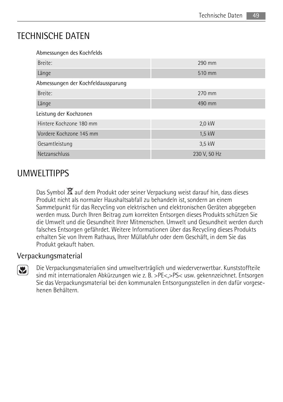 Technische daten, Umwelttipps, Verpackungsmaterial | AEG HE604000H User Manual | Page 49 / 52