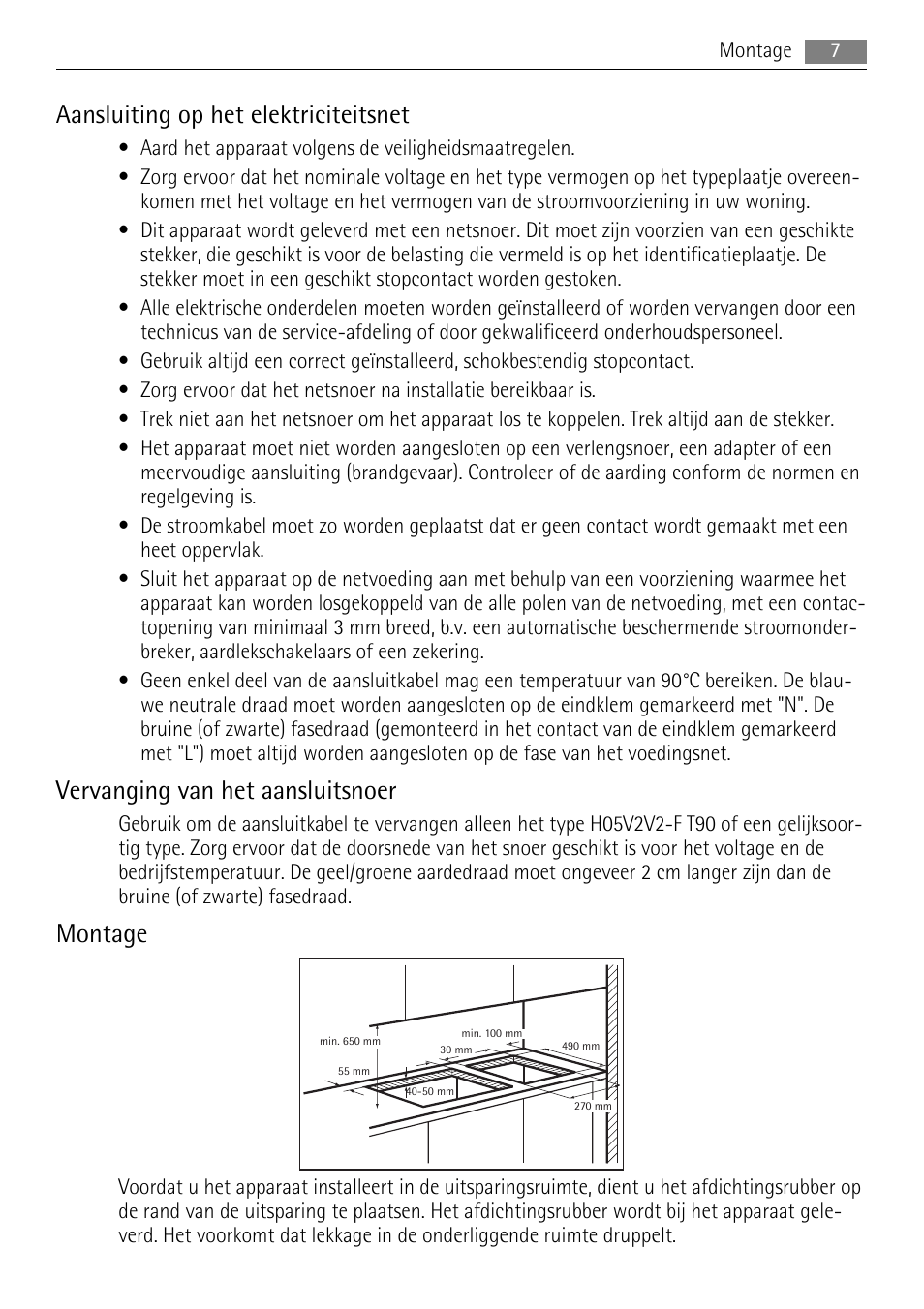 Aansluiting op het elektriciteitsnet, Vervanging van het aansluitsnoer, Montage | AEG HE604000H User Manual | Page 7 / 52