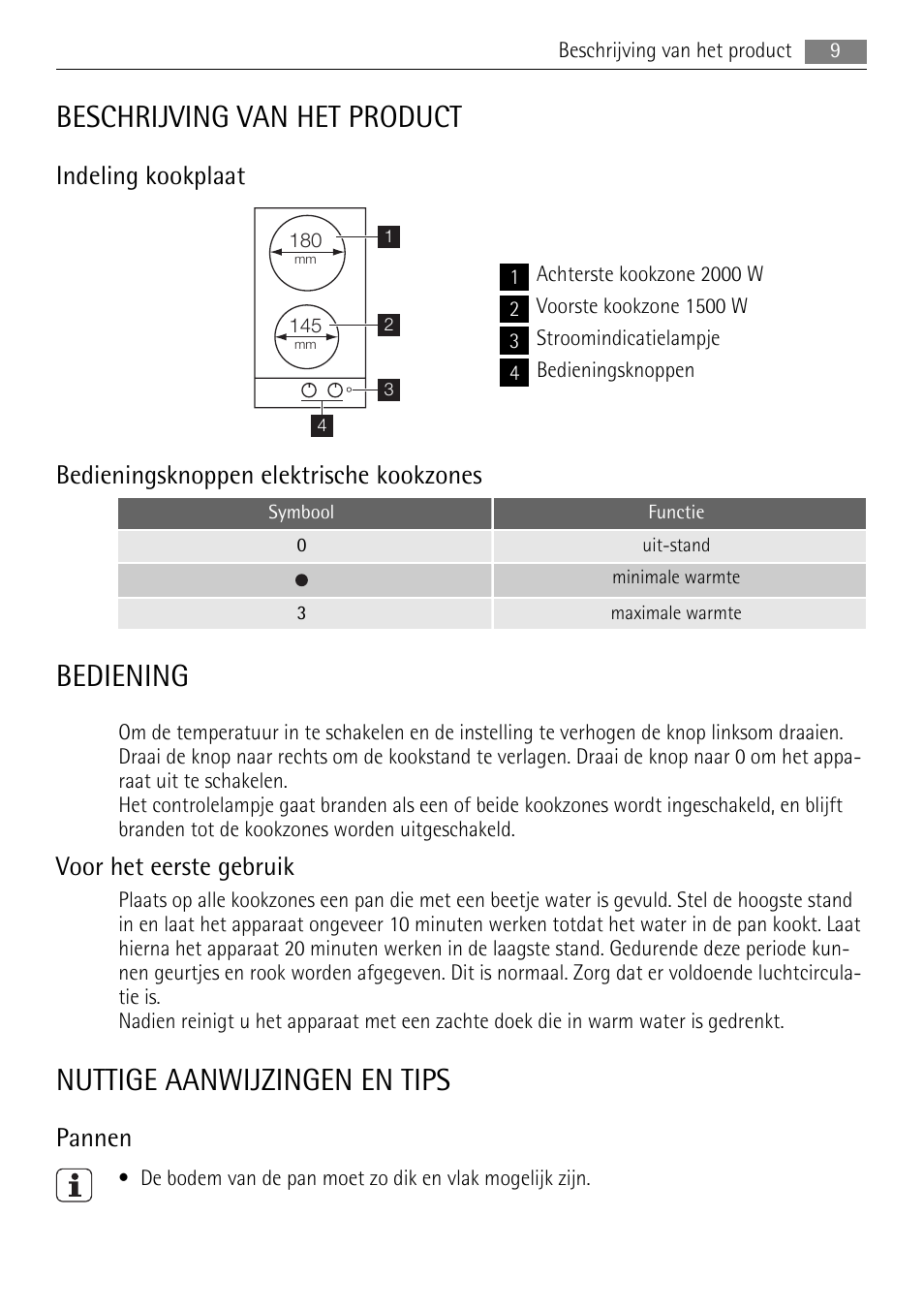 Beschrijving van het product, Bediening, Nuttige aanwijzingen en tips | Indeling kookplaat, Bedieningsknoppen elektrische kookzones, Voor het eerste gebruik, Pannen | AEG HE604000H User Manual | Page 9 / 52