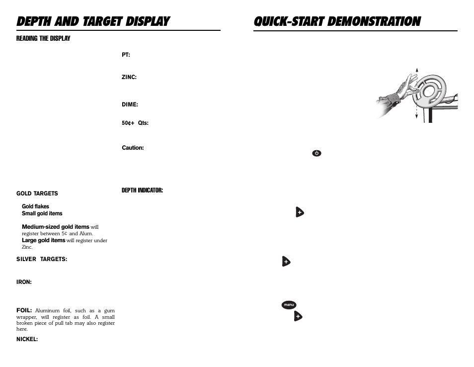 Quick-start demonstration, Depth and target display | Tecnetics Alpha 2000 User Manual | Page 7 / 20
