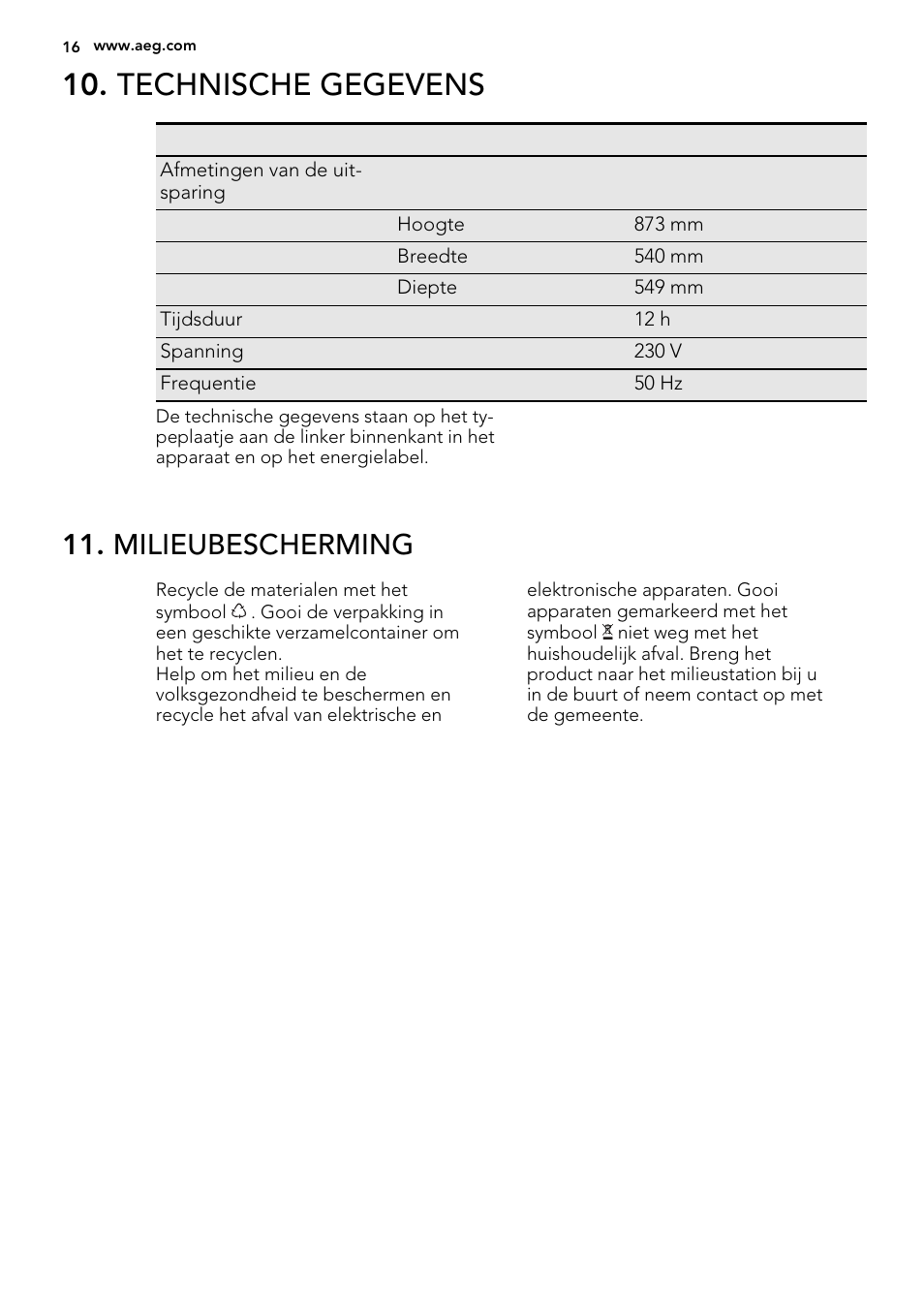 Technische gegevens, Milieubescherming | AEG SKS68240F0 User Manual | Page 16 / 64