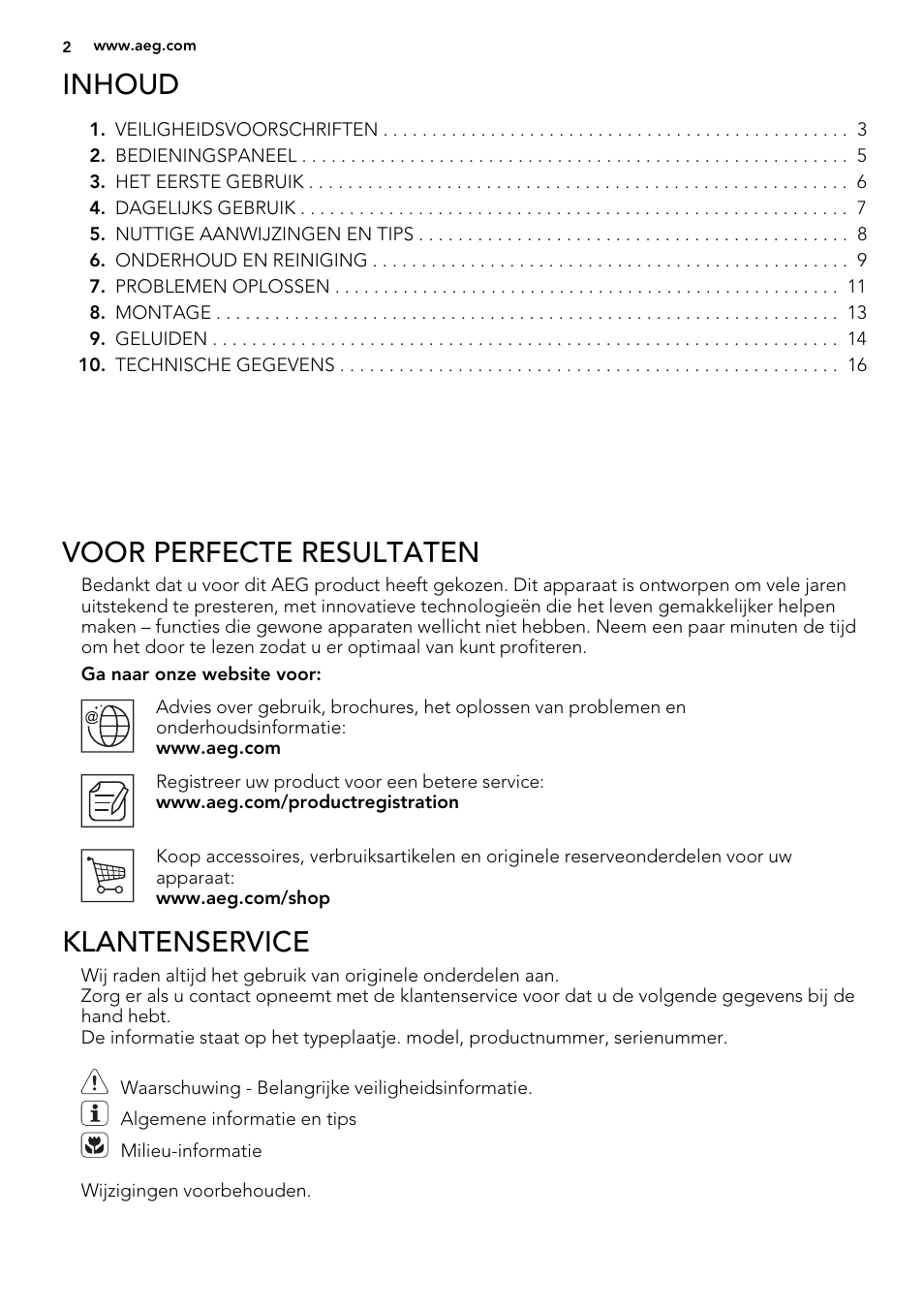 Inhoud, Voor perfecte resultaten, Klantenservice | AEG SKS68240F0 User Manual | Page 2 / 64