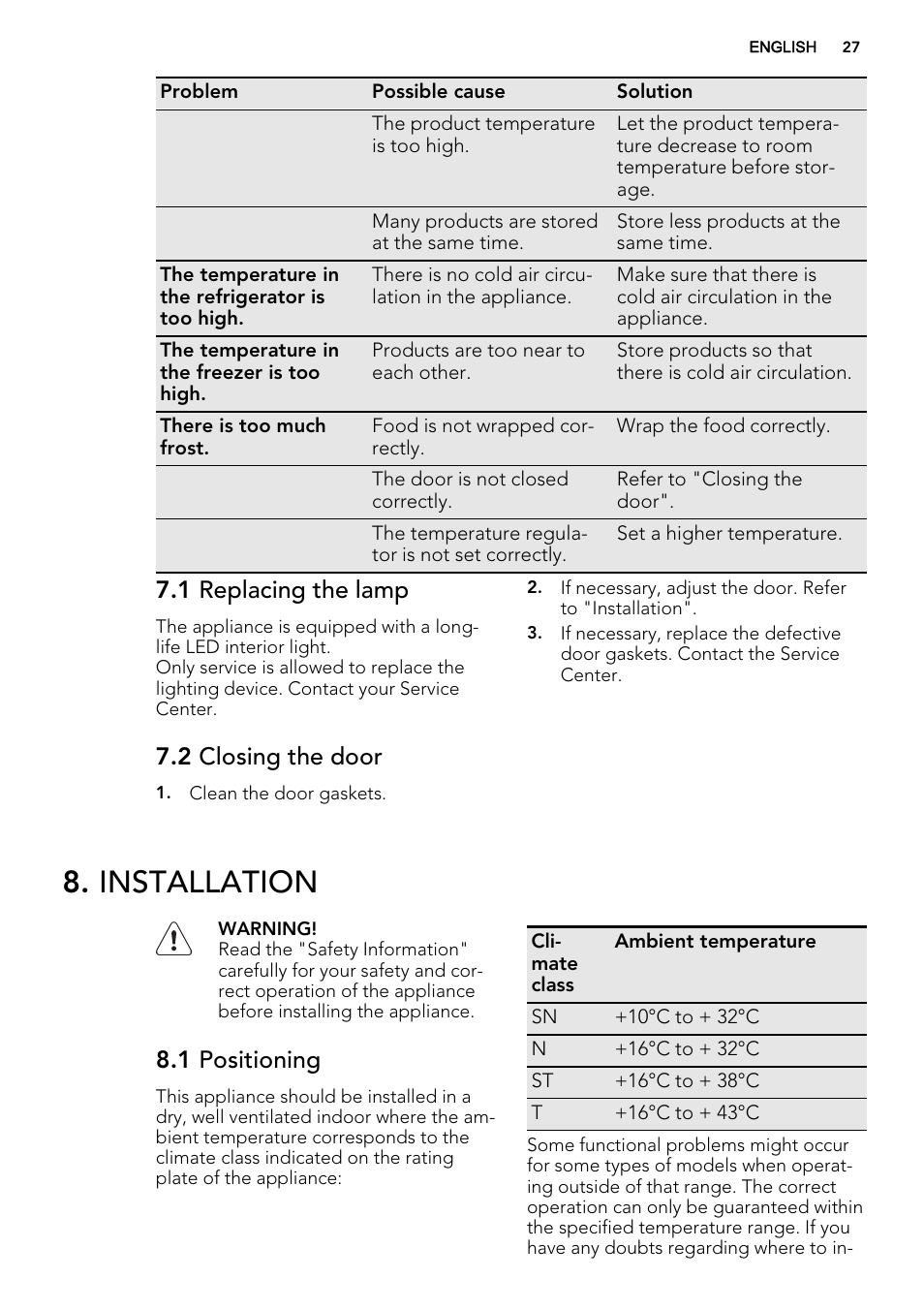 Installation, 1 replacing the lamp, 2 closing the door | 1 positioning | AEG SKS68240F0 User Manual | Page 27 / 64