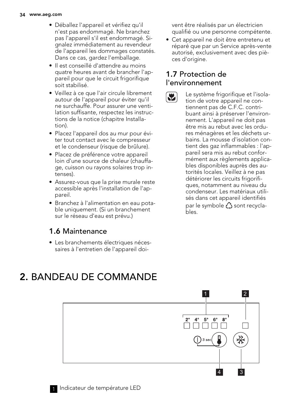 Bandeau de commande, 6 maintenance, 7 protection de l'environnement | AEG SKS68240F0 User Manual | Page 34 / 64
