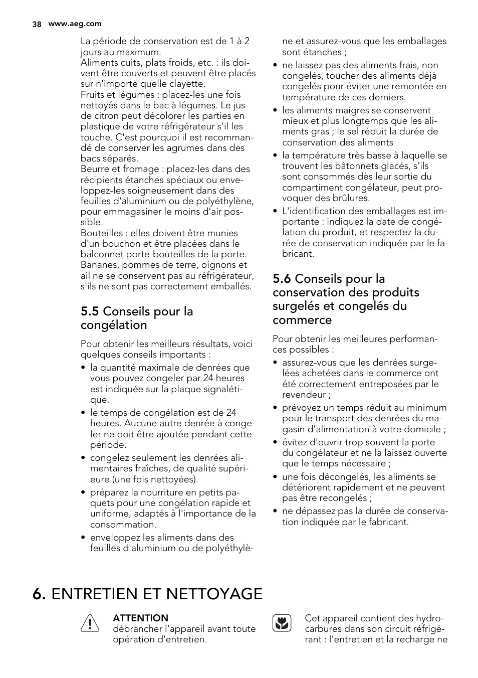 Entretien et nettoyage, 5 conseils pour la congélation | AEG SKS68240F0 User Manual | Page 38 / 64