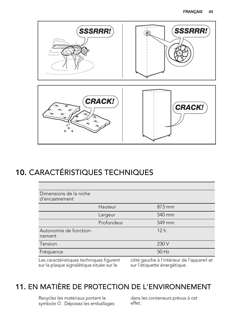 Caractéristiques techniques, Sssrrr, Crack | En matière de protection de l'environnement | AEG SKS68240F0 User Manual | Page 45 / 64