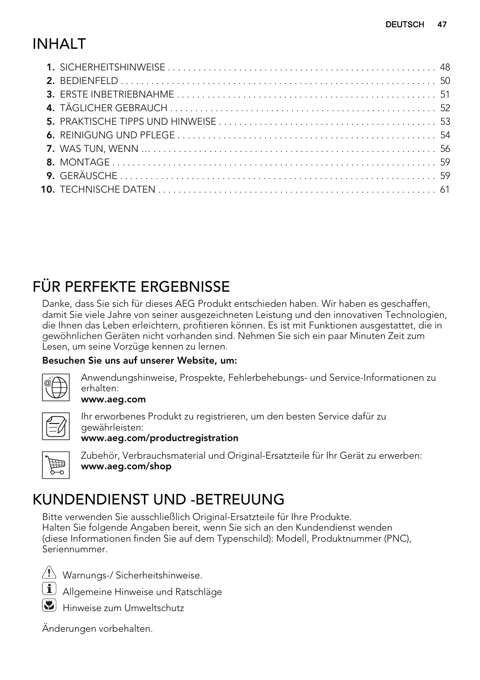 Inhalt, Für perfekte ergebnisse, Kundendienst und -betreuung | AEG SKS68240F0 User Manual | Page 47 / 64