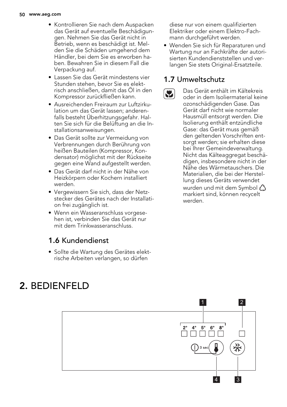 Bedienfeld, 6 kundendienst, 7 umweltschutz | AEG SKS68240F0 User Manual | Page 50 / 64