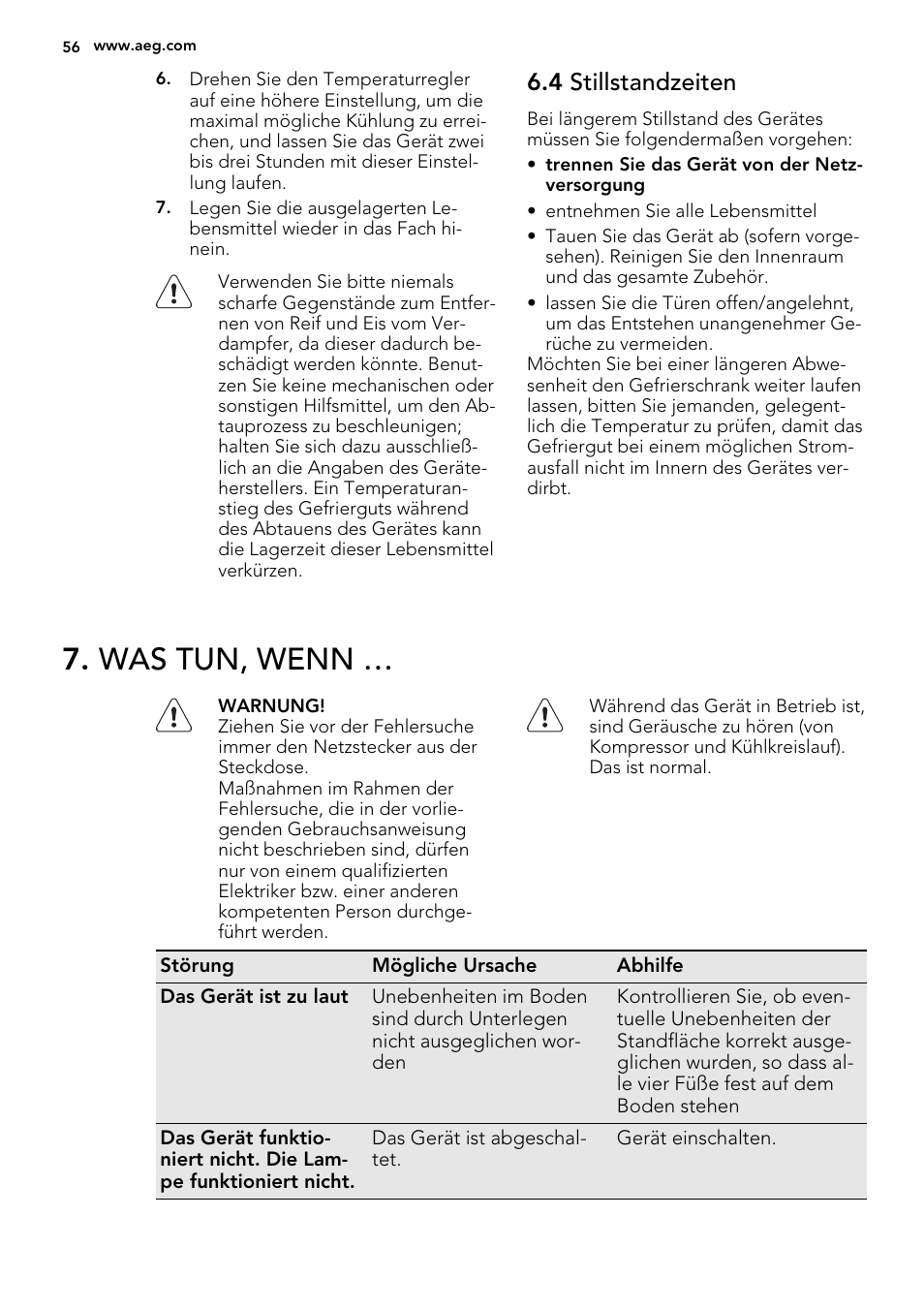 Was tun, wenn, 4 stillstandzeiten | AEG SKS68240F0 User Manual | Page 56 / 64