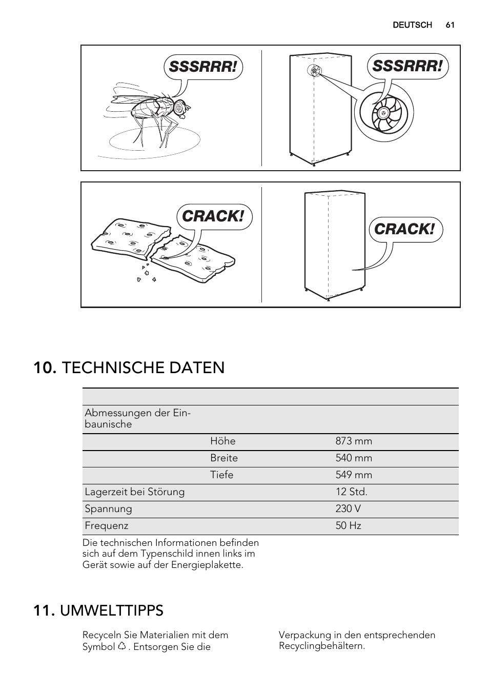 Technische daten, Sssrrr, Crack | Umwelttipps | AEG SKS68240F0 User Manual | Page 61 / 64