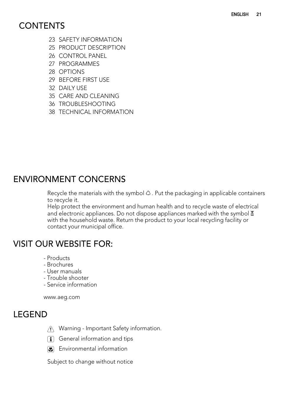 AEG F54030VI0 User Manual | Page 21 / 84