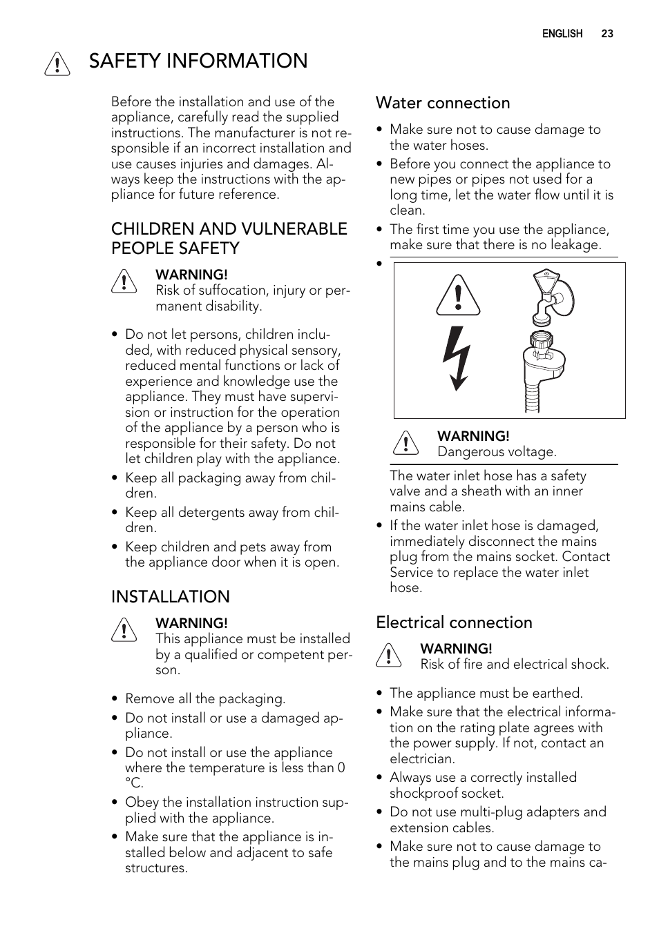 Safety information, Children and vulnerable people safety, Installation | Water connection, Electrical connection | AEG F54030VI0 User Manual | Page 23 / 84