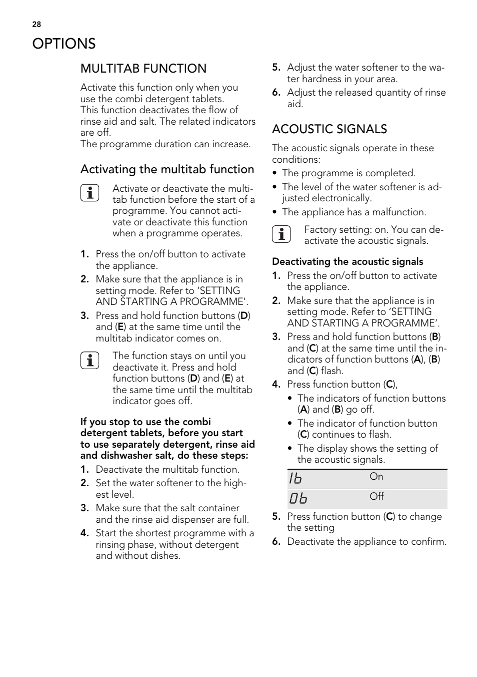 Options, Multitab function, Activating the multitab function | Acoustic signals | AEG F54030VI0 User Manual | Page 28 / 84