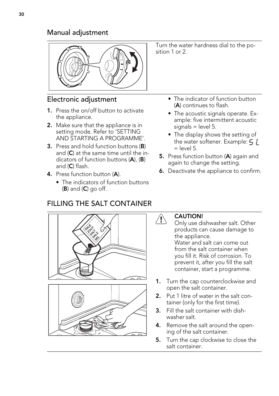 Manual adjustment, Electronic adjustment, Filling the salt container | AEG F54030VI0 User Manual | Page 30 / 84