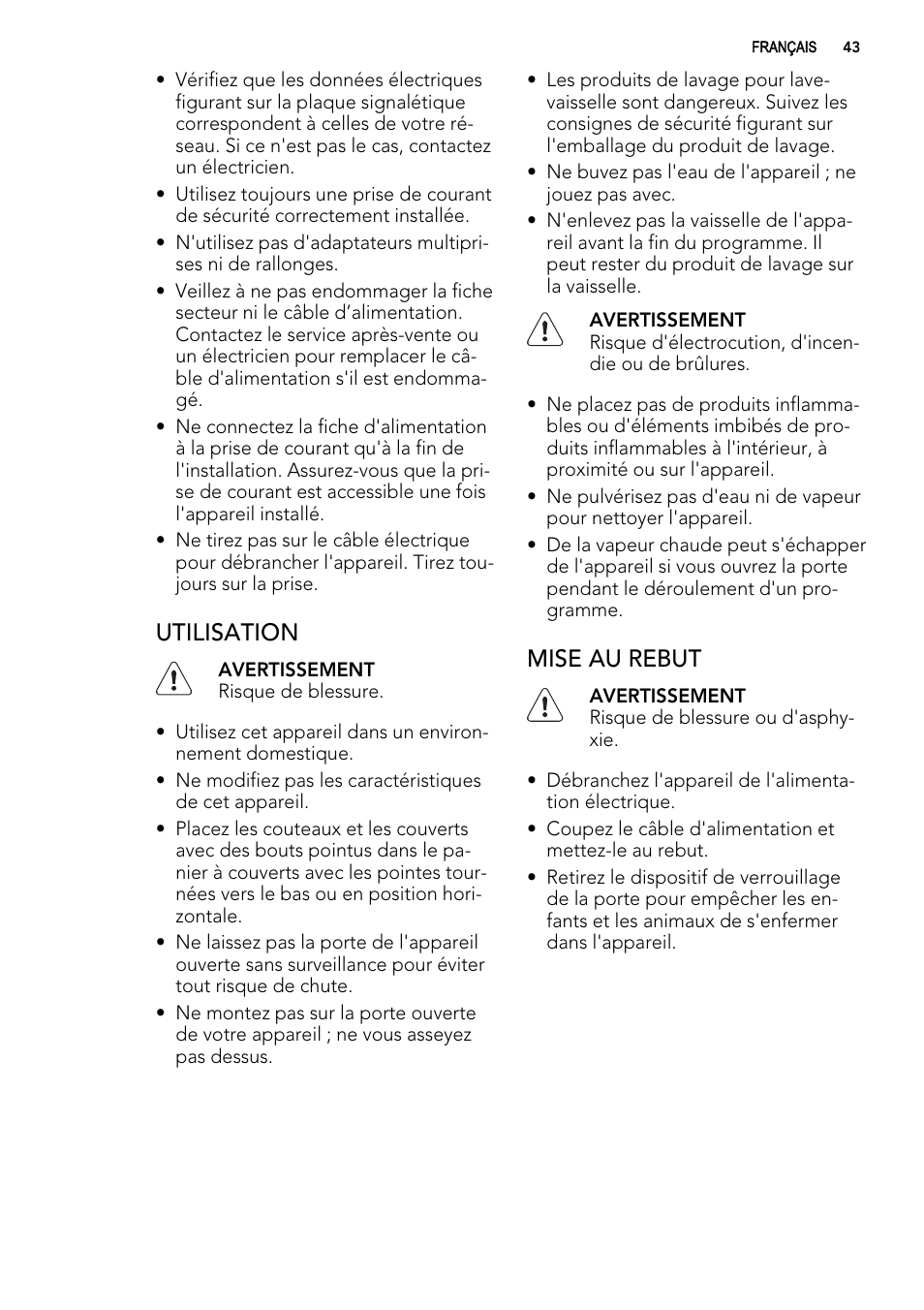 Utilisation, Mise au rebut | AEG F54030VI0 User Manual | Page 43 / 84