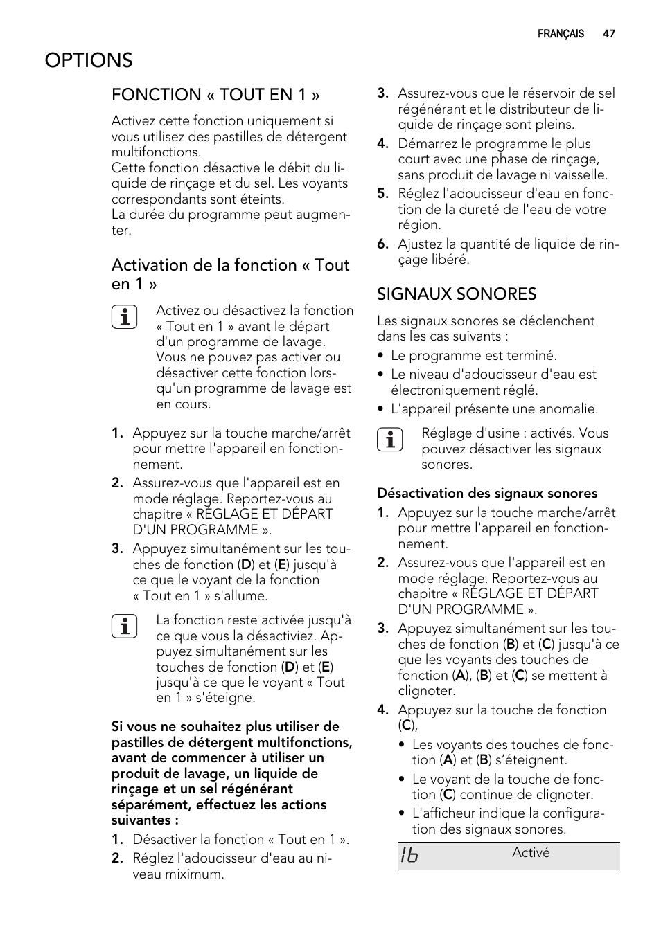 Options, Fonction « tout en 1, Activation de la fonction « tout en 1 | Signaux sonores | AEG F54030VI0 User Manual | Page 47 / 84