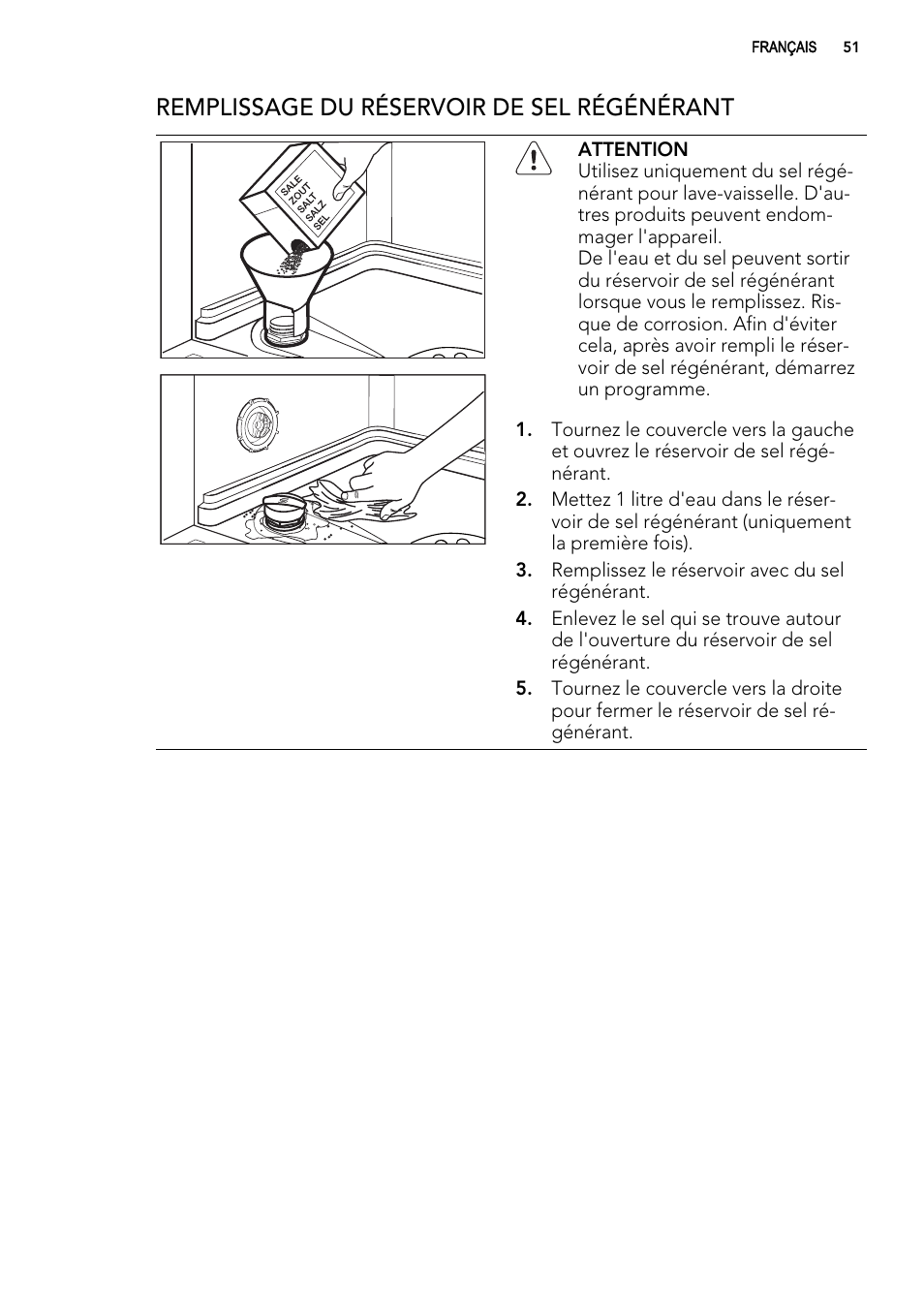 Remplissage du réservoir de sel régénérant | AEG F54030VI0 User Manual | Page 51 / 84