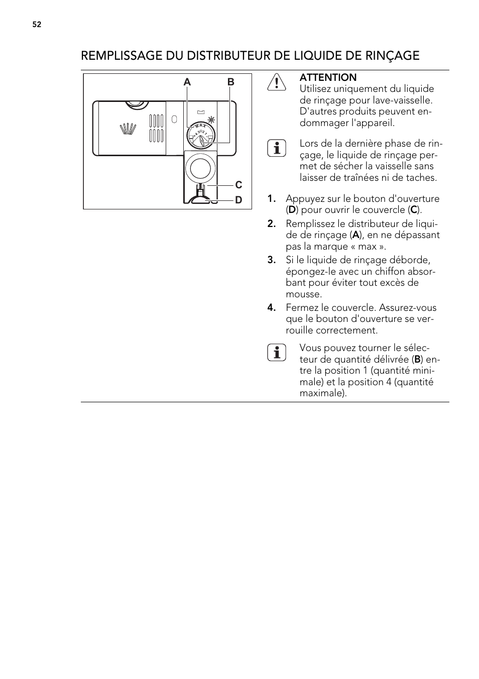 Remplissage du distributeur de liquide de rinçage | AEG F54030VI0 User Manual | Page 52 / 84