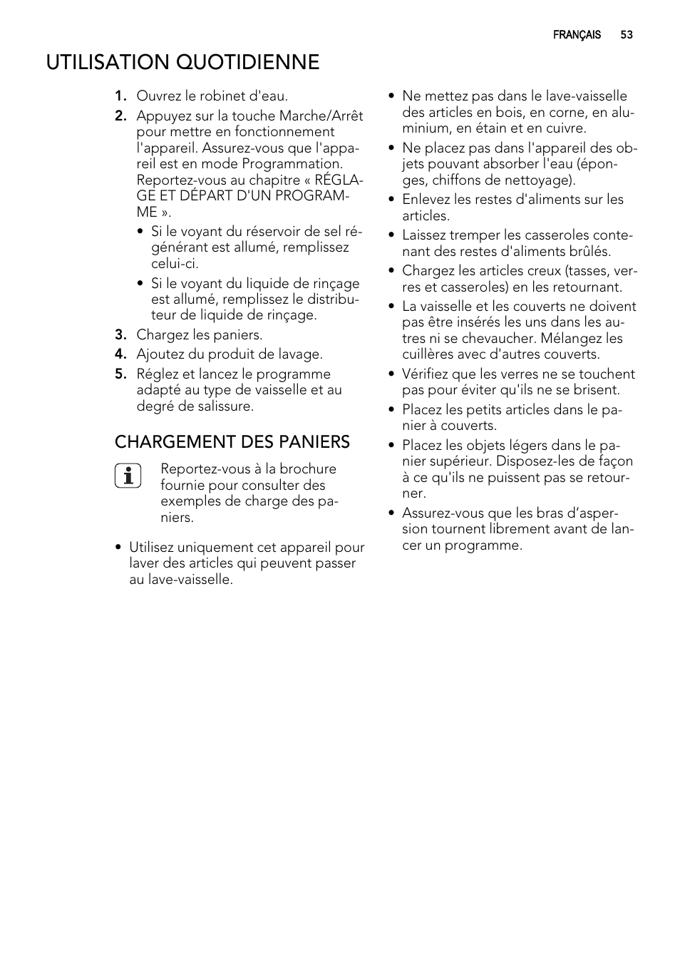 Utilisation quotidienne, Chargement des paniers | AEG F54030VI0 User Manual | Page 53 / 84