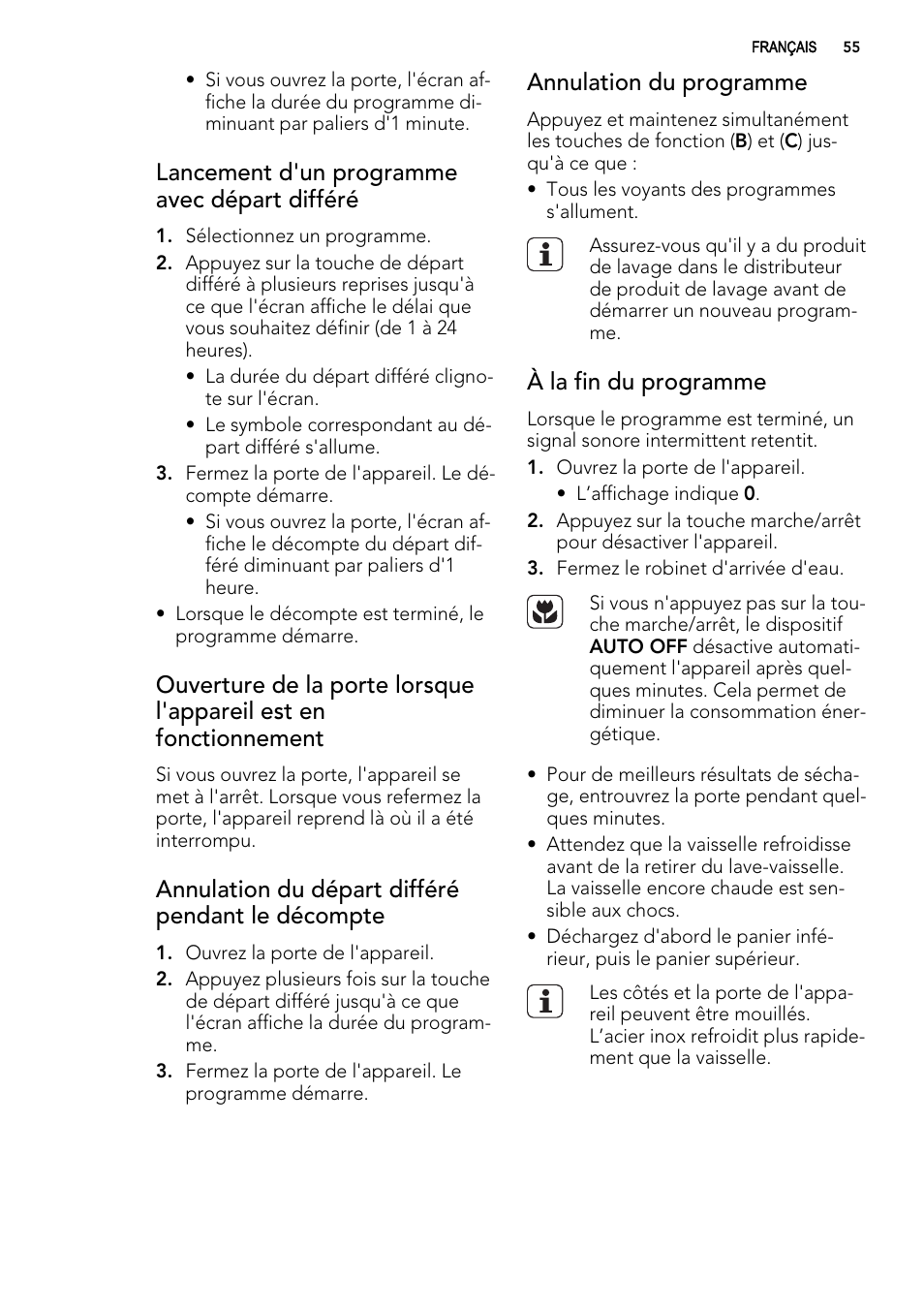 Lancement d'un programme avec départ différé, Annulation du départ différé pendant le décompte, Annulation du programme | À la fin du programme | AEG F54030VI0 User Manual | Page 55 / 84