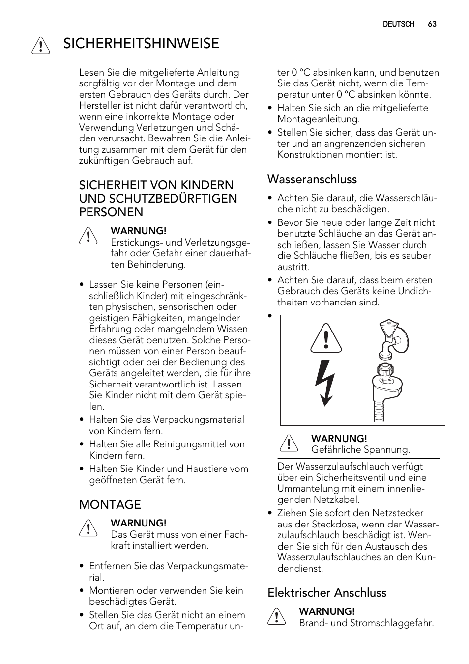 Sicherheitshinweise, Montage, Wasseranschluss | Elektrischer anschluss | AEG F54030VI0 User Manual | Page 63 / 84