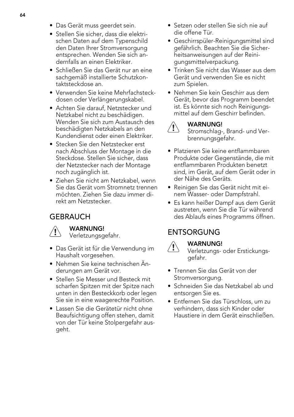 Gebrauch, Entsorgung | AEG F54030VI0 User Manual | Page 64 / 84