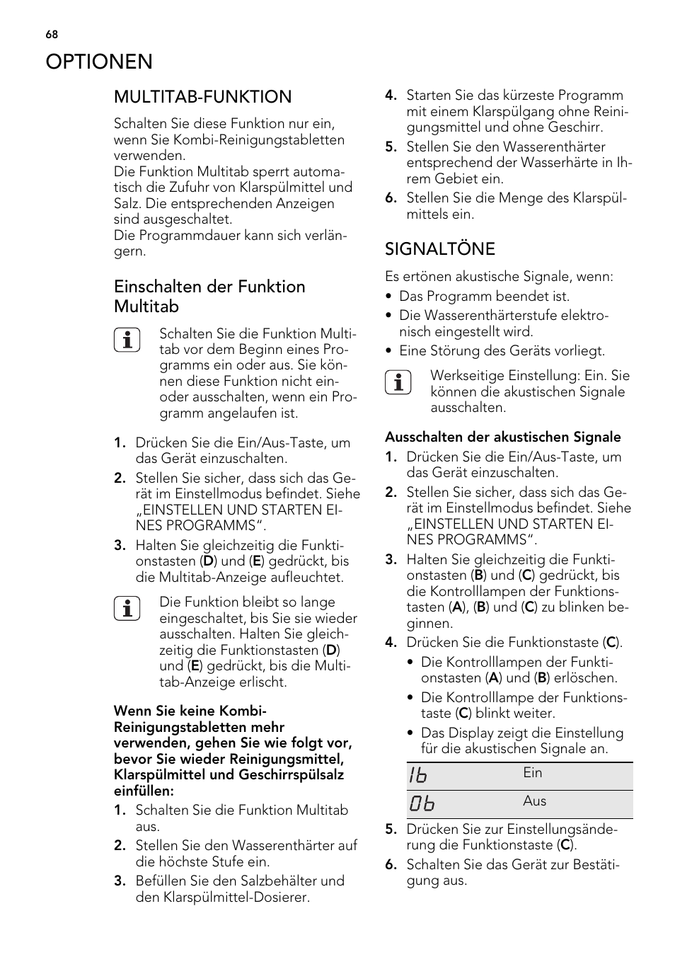 Optionen, Multitab-funktion, Einschalten der funktion multitab | Signaltöne | AEG F54030VI0 User Manual | Page 68 / 84