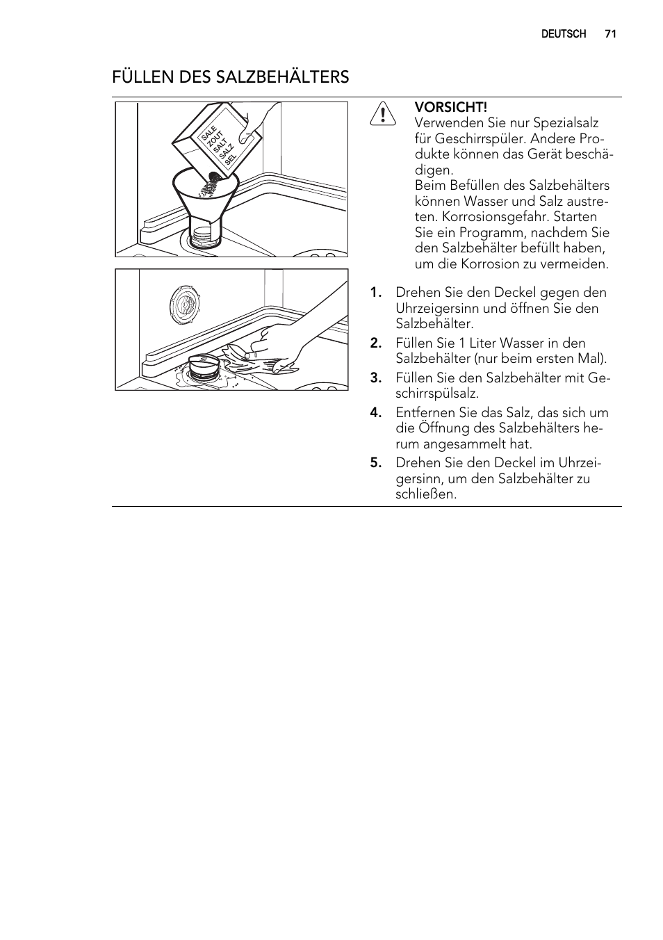 Füllen des salzbehälters | AEG F54030VI0 User Manual | Page 71 / 84