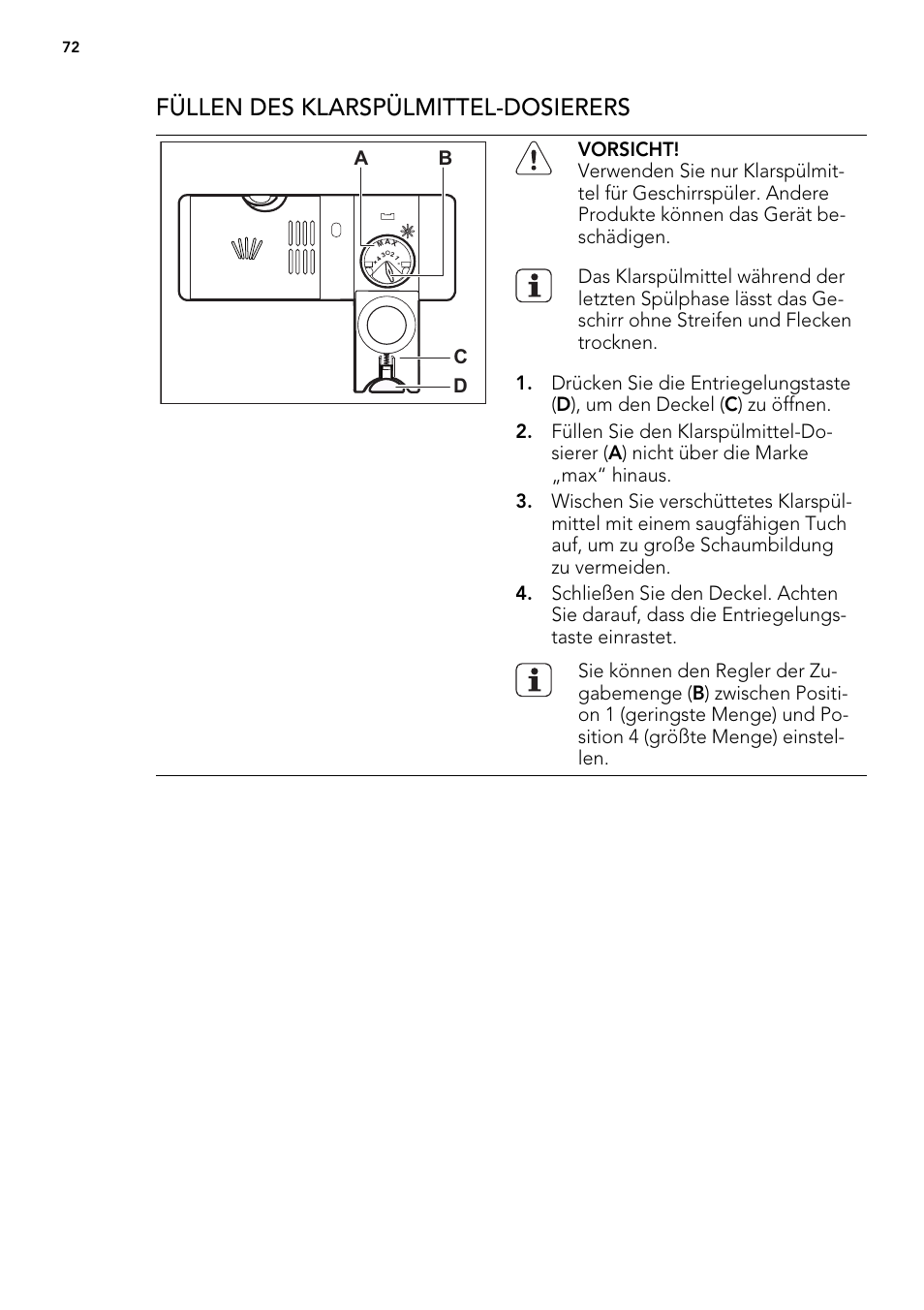 Füllen des klarspülmittel-dosierers | AEG F54030VI0 User Manual | Page 72 / 84