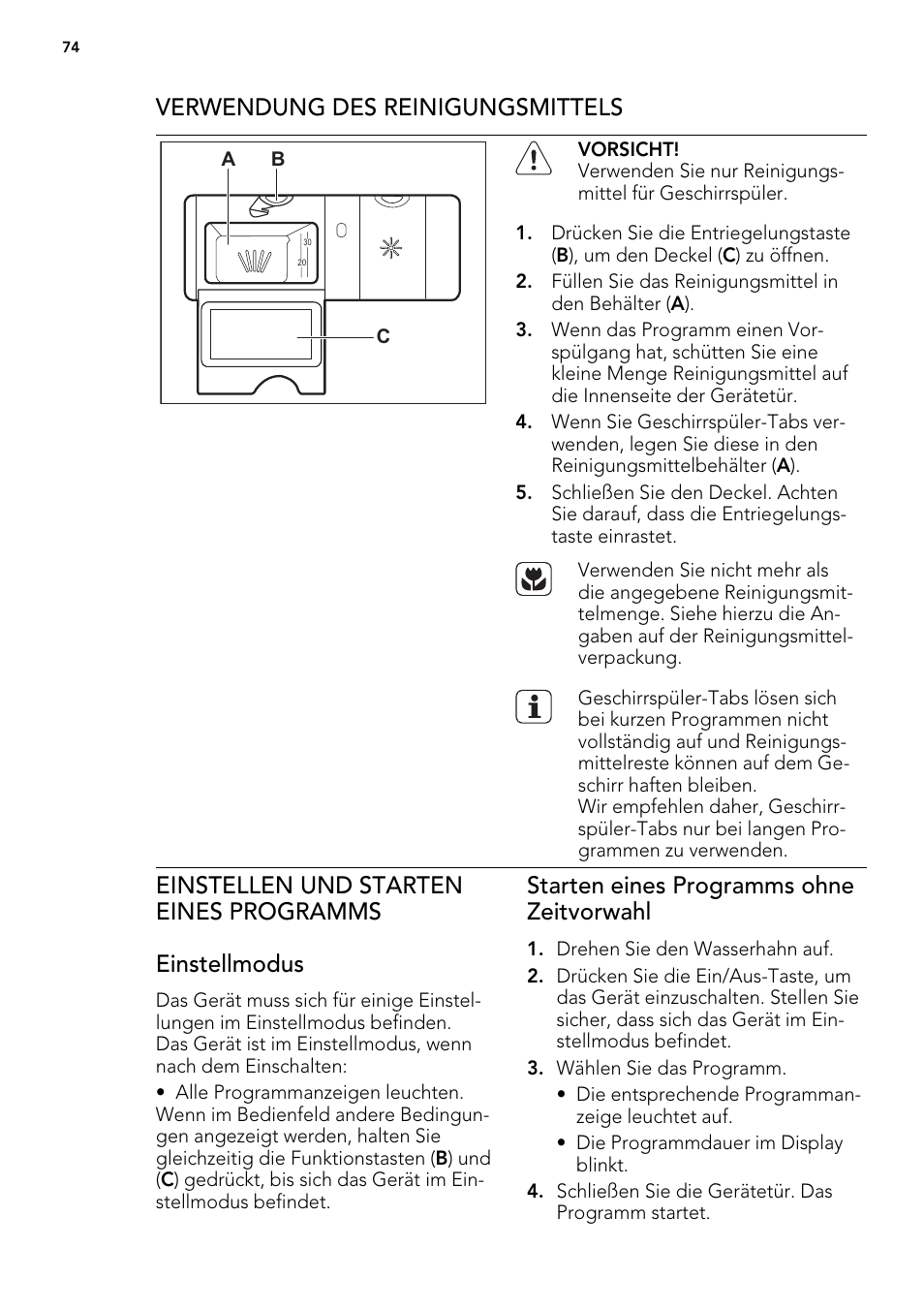 Verwendung des reinigungsmittels, Starten eines programms ohne zeitvorwahl | AEG F54030VI0 User Manual | Page 74 / 84