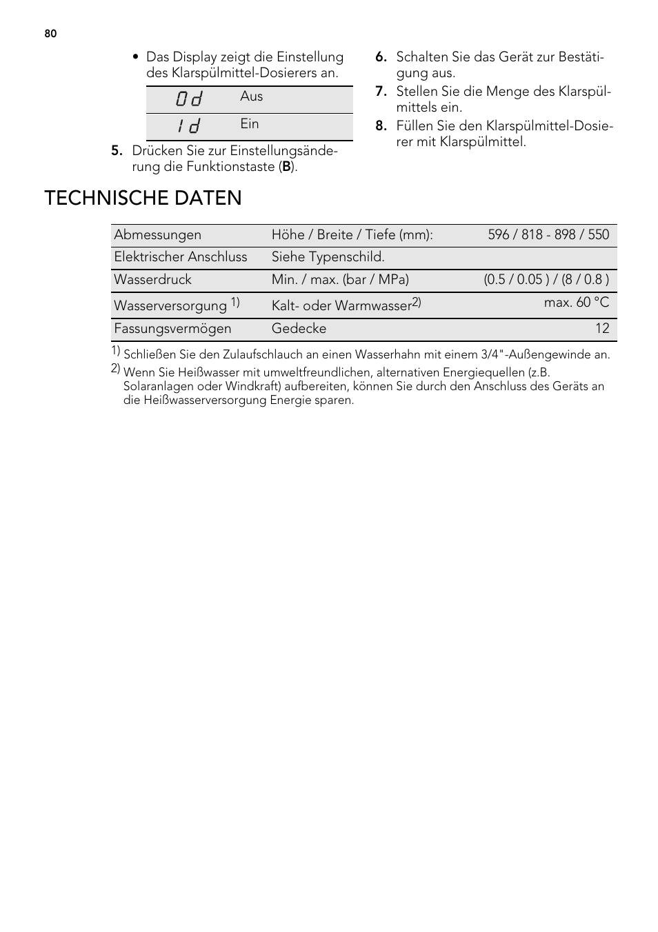 Technische daten | AEG F54030VI0 User Manual | Page 80 / 84