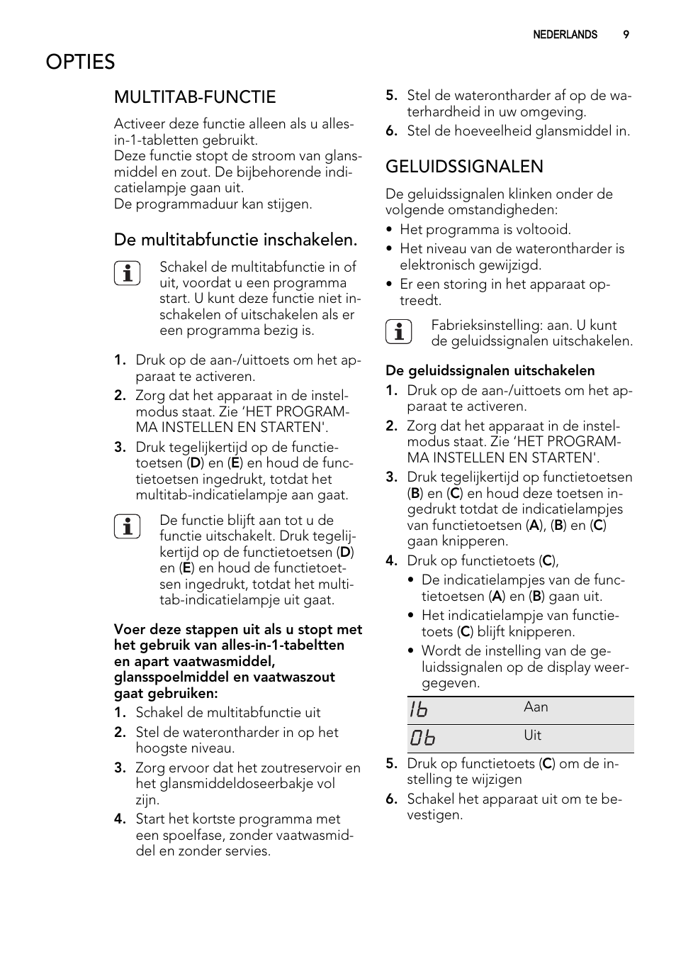 Opties, Multitab-functie, De multitabfunctie inschakelen | Geluidssignalen | AEG F54030VI0 User Manual | Page 9 / 84