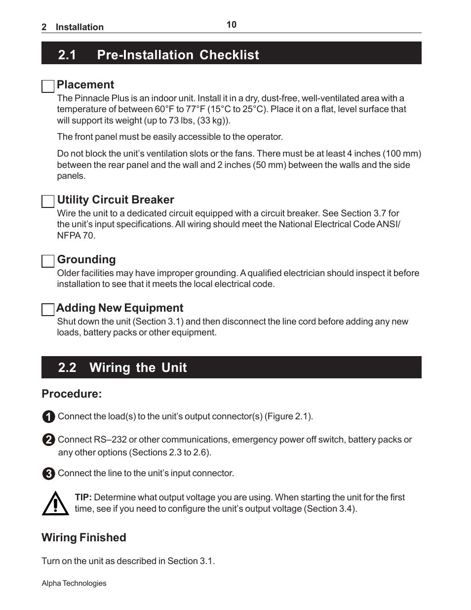 1 pre-installation checklist, 2 wiring the unit | Alpha Technologies 1000 Series User Manual | Page 16 / 30