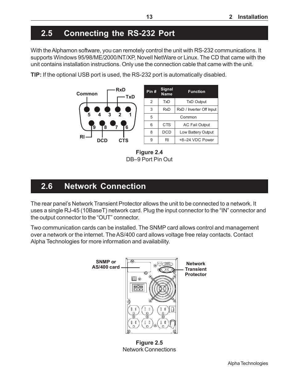 5 connecting the rs-232 port, 6 network connection, 13 2 installation | Figure 2.4 db–9 port pin out, Figure 2.5 network connections | Alpha Technologies 1000 Series User Manual | Page 19 / 30