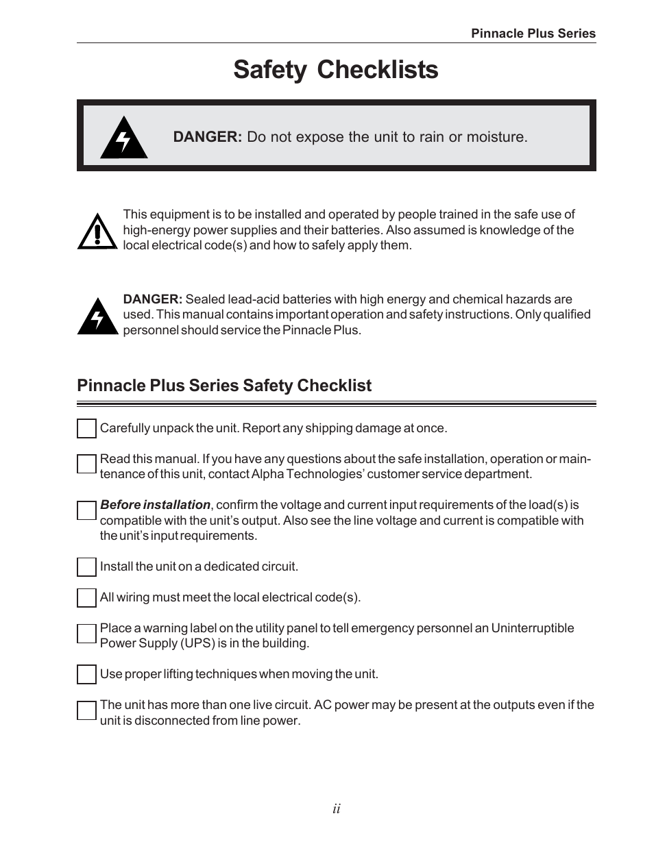 Safety checklists, Pinnacle plus series safety checklist | Alpha Technologies 1000 Series User Manual | Page 4 / 30