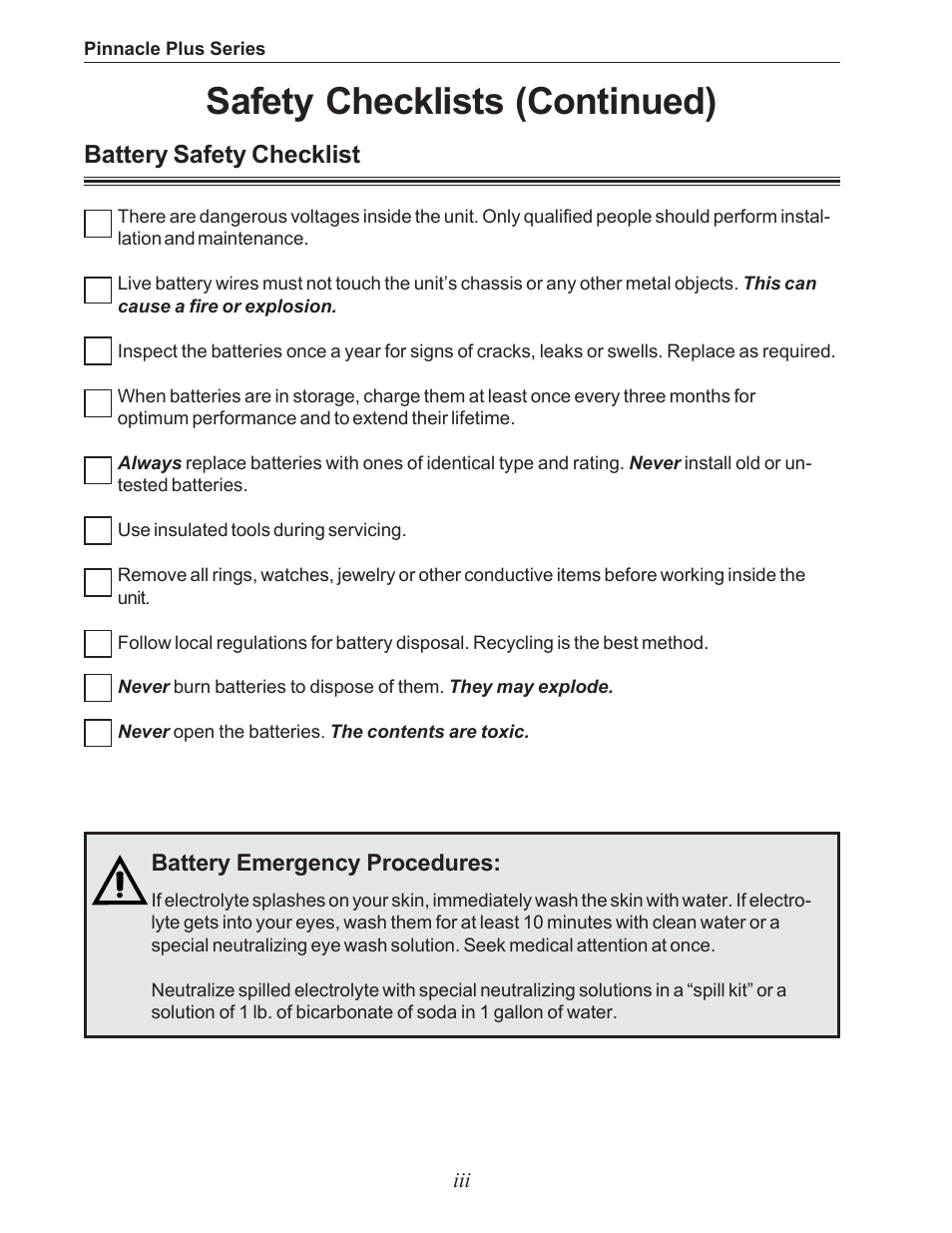 Safety checklists (continued), Battery safety checklist | Alpha Technologies 1000 Series User Manual | Page 5 / 30