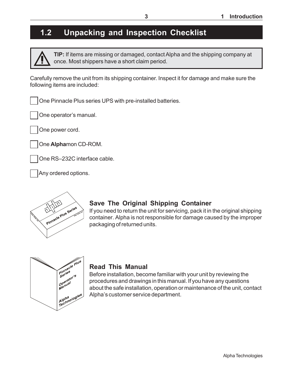 2 unpacking and inspection checklist | Alpha Technologies 1000 Series User Manual | Page 9 / 30