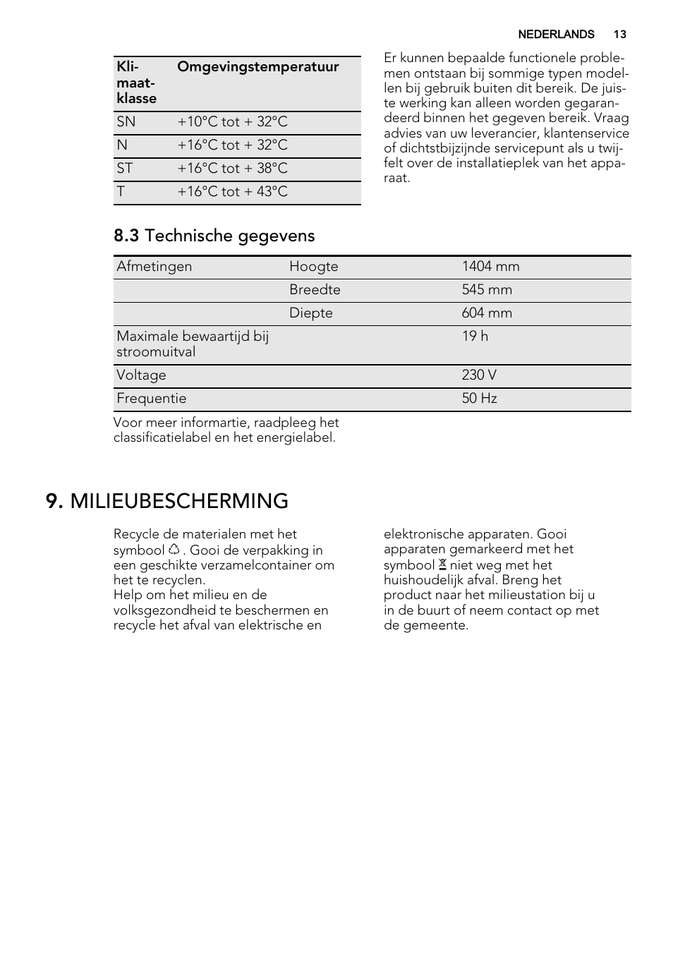 Milieubescherming, 3 technische gegevens | AEG S66609CSX0 User Manual | Page 13 / 68