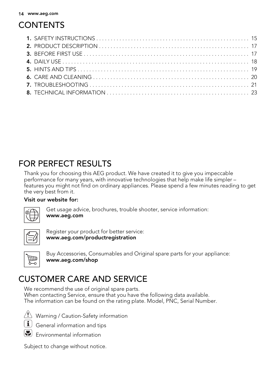 AEG S66609CSX0 User Manual | Page 14 / 68