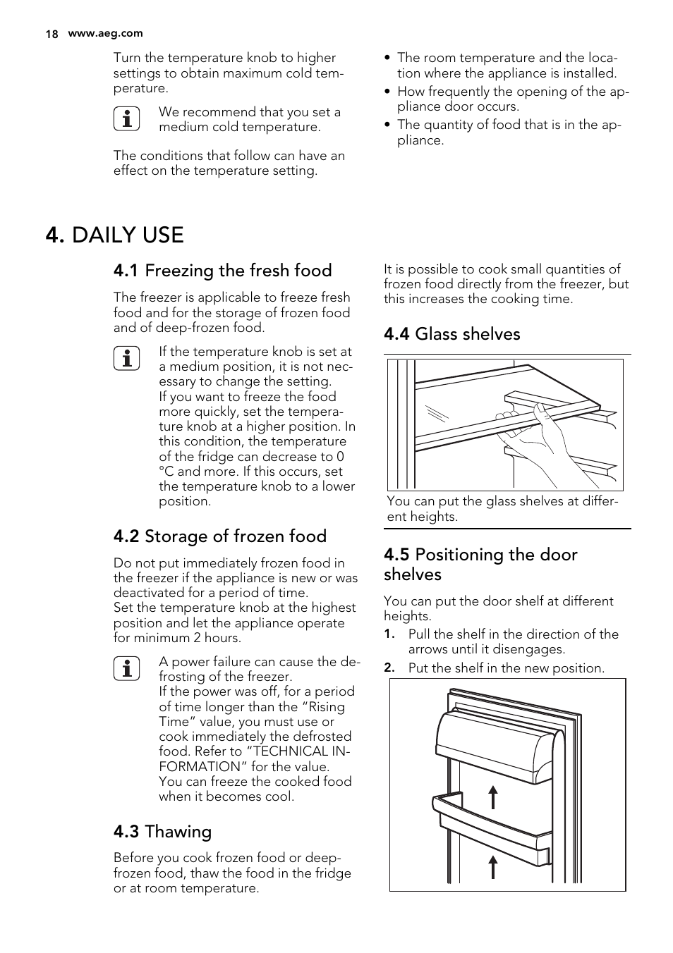 Daily use, 1 freezing the fresh food, 2 storage of frozen food | 3 thawing, 4 glass shelves, 5 positioning the door shelves | AEG S66609CSX0 User Manual | Page 18 / 68