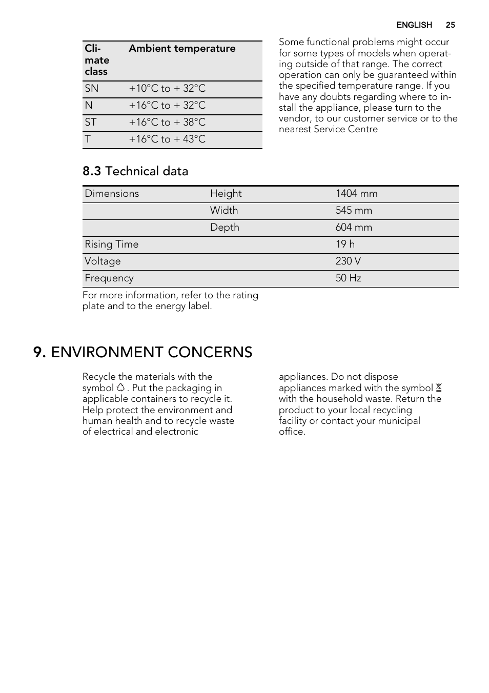 Environment concerns, 3 technical data | AEG S66609CSX0 User Manual | Page 25 / 68